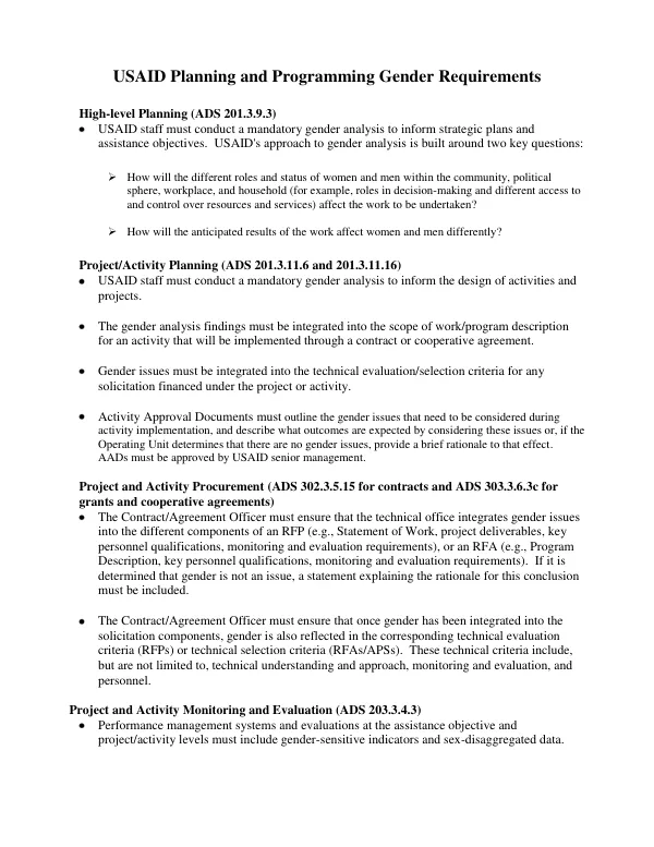 USAID Planning and Programming Gender Requirements