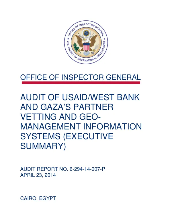 Audit of USAID/West Bank and Gaza's Partner Vetting and Geo-Management Information Systems (Executive Summary)
