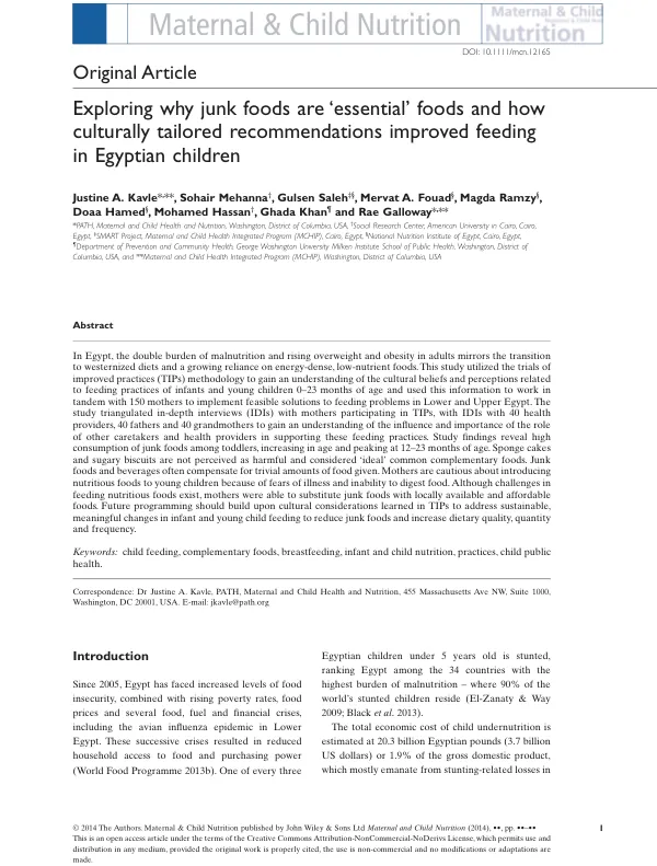 Exploring why junk foods are essential foods and how culturally tailored recommendations improved feeding in Egyptian children