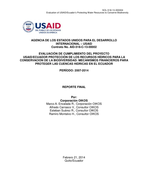 Evaluation of USAID/Ecuador’s Protecting Water Resources to Conserve Biodiversity