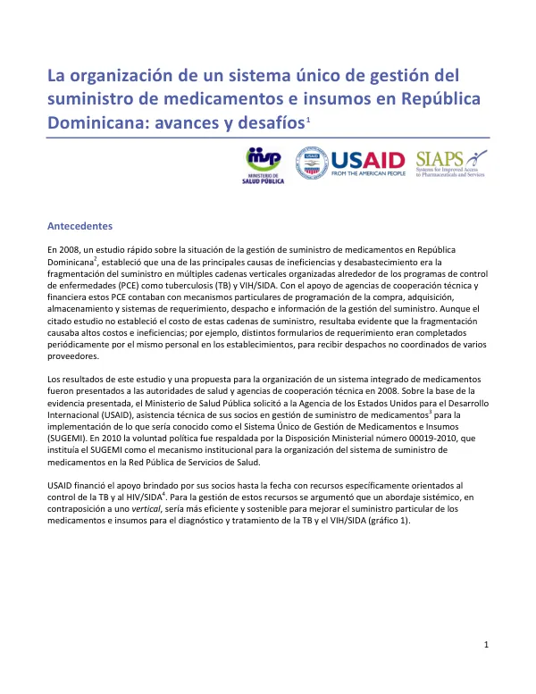 La organización de un sistema único de gestión del suministro de medicamentos e insumos en República Dominicana: avances y desafíos