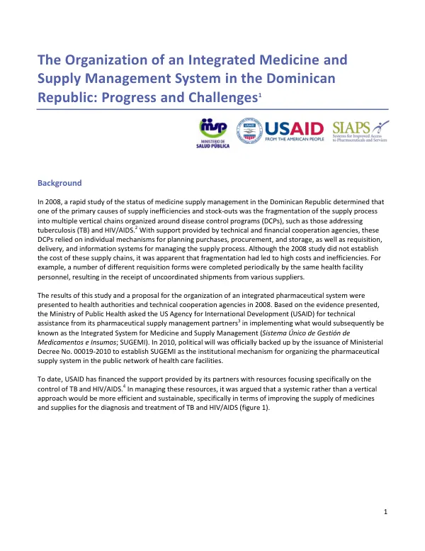 The Organization of an Integrated Medicine and Supply Management System in the Dominican Republic: Progress and Challenges