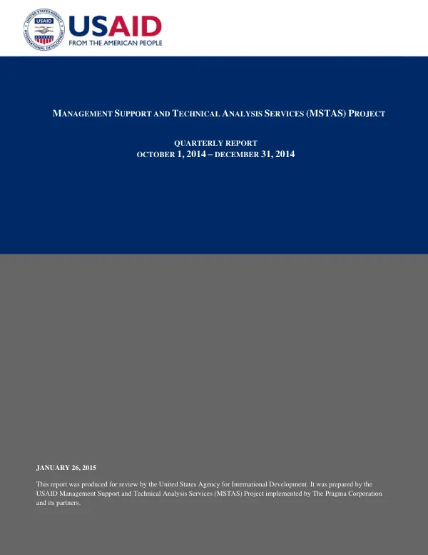 Management Support and Technical Analysis Services (MSTAS) Project Quarterly Report October 1, 2014 – December 31, 2014