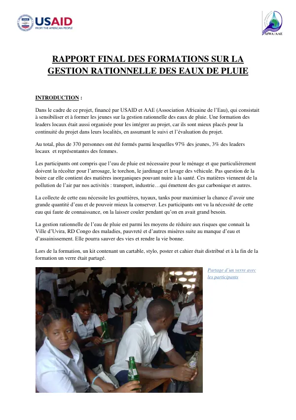 Rapport Final Des Formations Sur La Gestion Rationnelle Des Eaux De Pluie