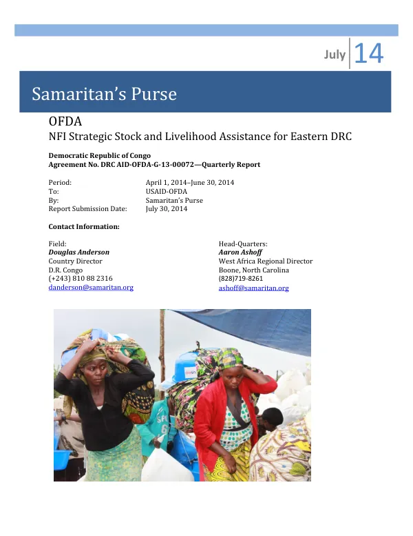 NFI Strategic Stock and Livelihood Assistance, 2nd Quarter Report 2014, AID-OFDA-G-13-00072
