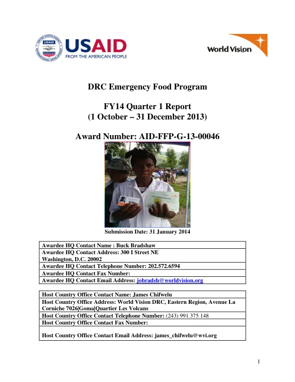 DRC Emergency Food Security Program (EFSP) FY14 Quarter 1 Report