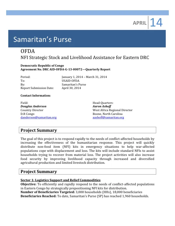 NFI Strategic Stock and Livelihood Assistance for Eastern DRC