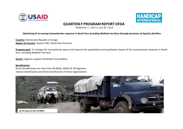 Quarterly Program Report of USAID/OFDA for Democratic Republic of Congo