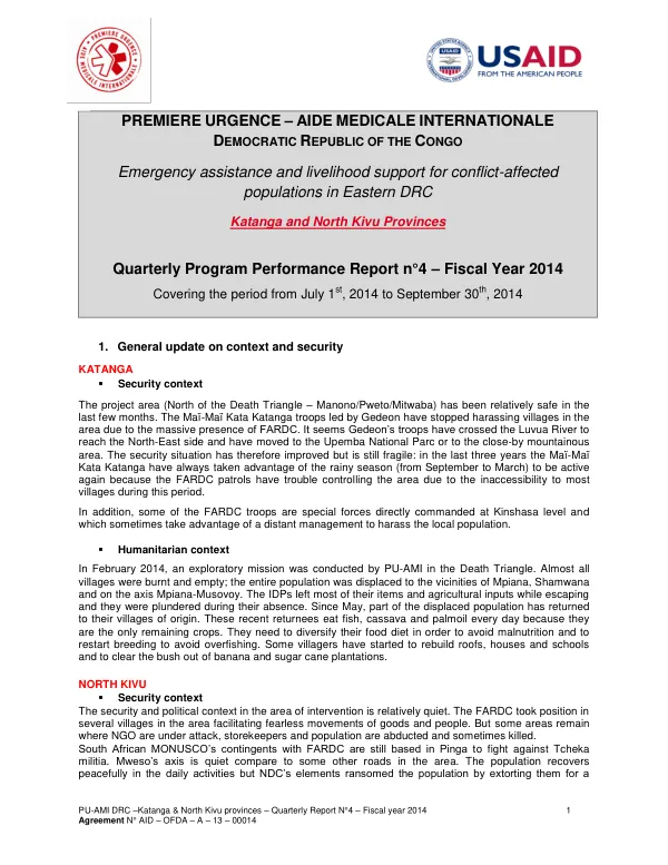 PU-AMI DRC –Katanga & North Kivu provinces – Quarterly Report N°4 – Fiscal year 2014