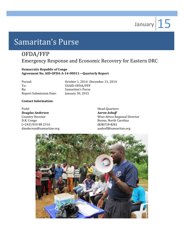 Emergency Response and Economic Recovery for Eastern DRC, 4th Quarter Report 2014, AID-OFDA-A-14-00011