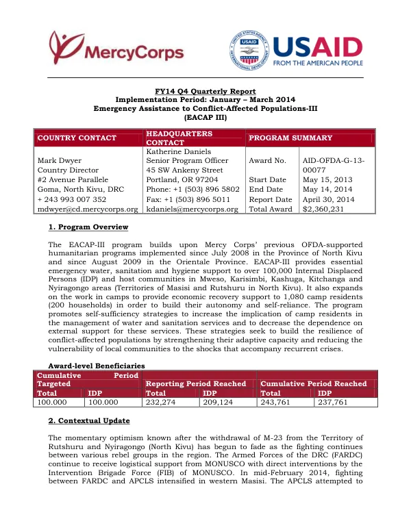 FY14 Q4 Quarterly Report: Emergency Assistance to Conflict-Affected Populations-III