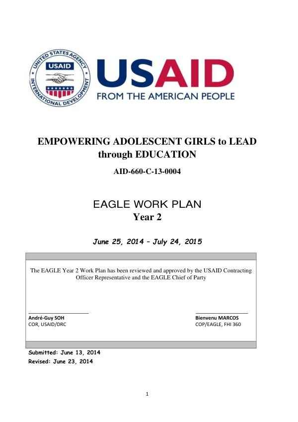 Empowering Adolescent Girls to LEAD through EDUCATION: EAGLE Work Plan Year 2