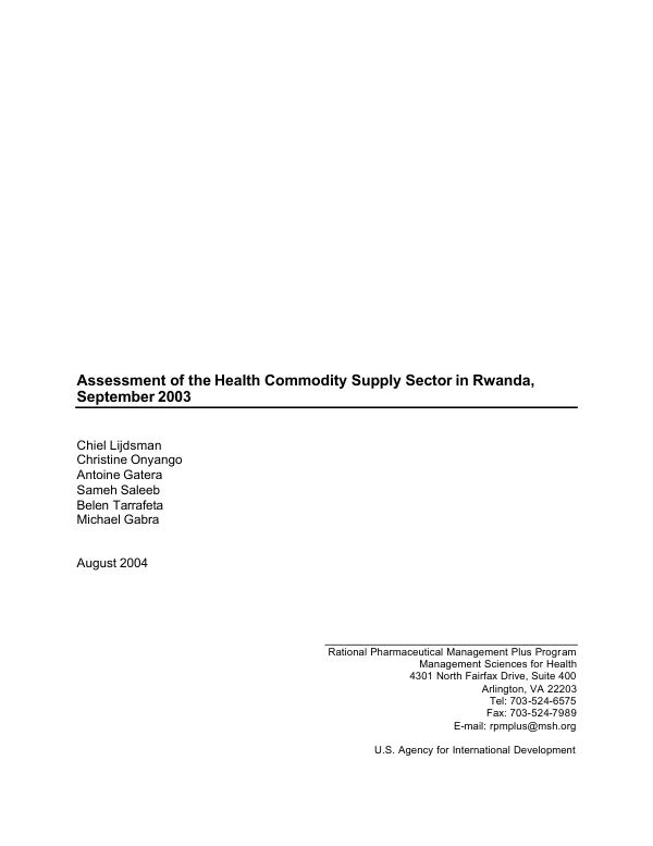 Assessment of the health commodity supply sector in Rwanda, September 2003