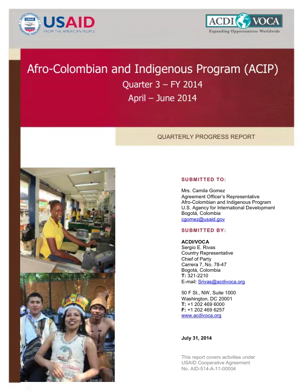 Afro-Colombian and Indigenous Program (ACIP) Quarterly Progress Report April – June 2014