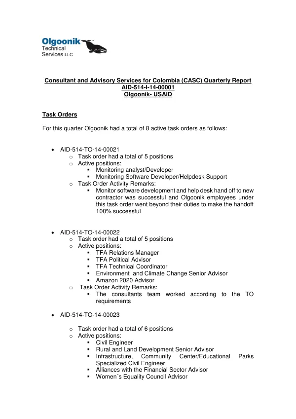 Consultant and Advisory Services for Colombia (CASC) Quarterly Report