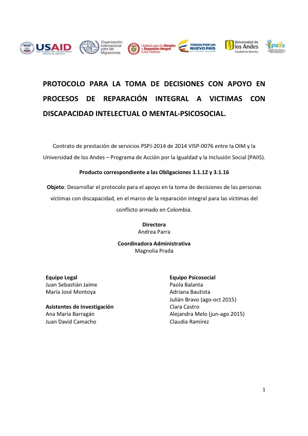 Protocolo para la Toma de Decisiones con Apoyo en Procesos de Reparación Integral a Víctimas con Discapacidad Intelectual o Mental-Psicosocial