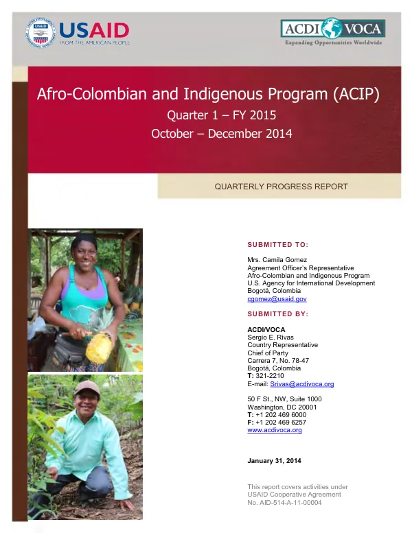 Afro-Colombian and Indigenous Program (ACIP) Quarterly Report September – December 2014