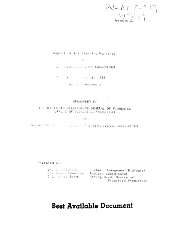 Report of the planning workshop for artisinal fisheries management, April 11 and 12, 1983, Puncak, Indonesia