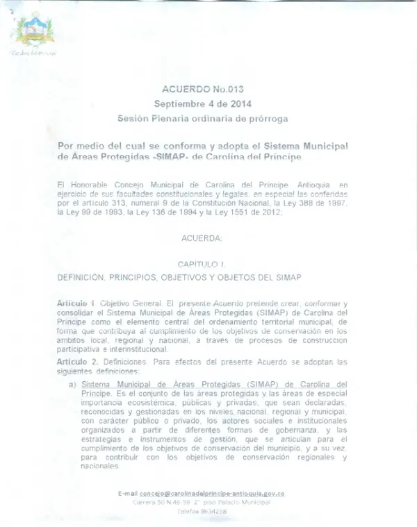 Acuerdo de Creación y Conformación del Sistema Municipal de Áreas Protegidas (SIMAP) de Carolina del Príncipe