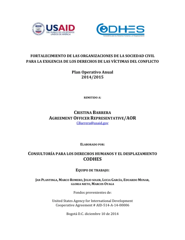 Plan Operativo Anual 2014/2015: Fortalecimiento de las Organizaciones de la Sociedad Civil para la Exigencia de los Derechos de las Víctimas del Conflicto