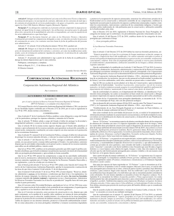 Acuerdo Número 00019 De 2013 Por El Cual Se Declara La Reserva Forestal Protectora Regional El Palomar (RFP El Palomar) Y Se Adoptan Otras Disposiciones