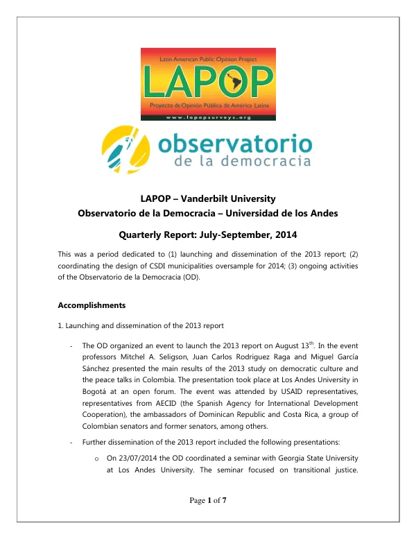 Quarterly Report: July-September, 2014