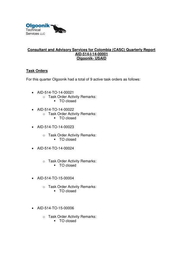 Consultant and Advisory Services for Colombia (CASC) Quarterly Report