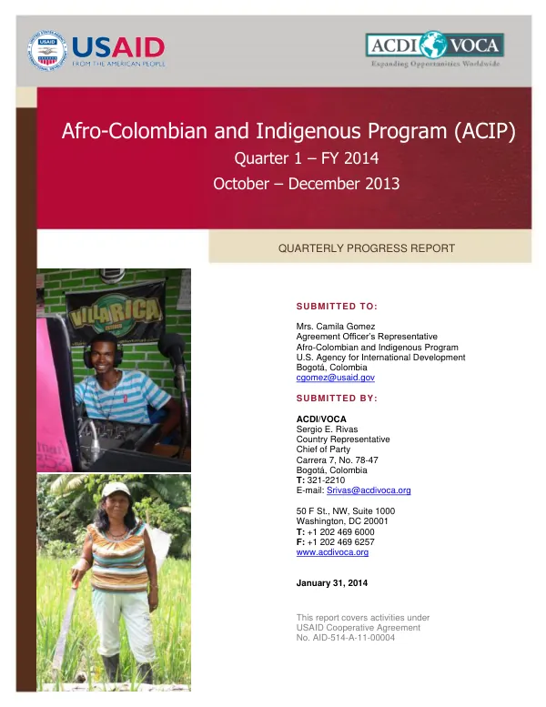 Afro-Colombian and Indigenous Program (ACIP) Quarterly Progress Report October – December 2013