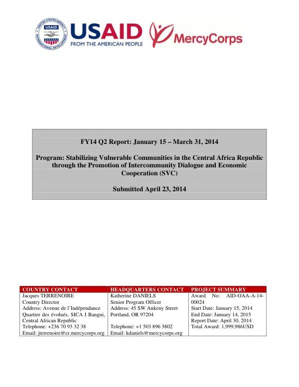FY14 Q2 Report: Stabilizing Vulnerable Communities in the Central Africa Republic through the Promotion of Intercommunity Dialogue and Economic Cooperation