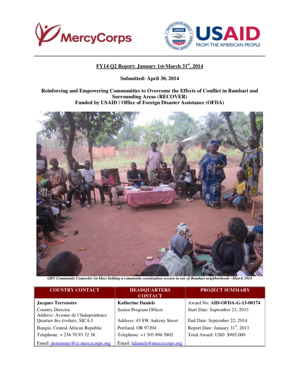 FY14 Q2 Report: January 1st-March 31st, 2014: Reinforcing and Empowering Communities to Overcome the Effects of Conflict in Bambari and Surrounding Areas (RECOVER)