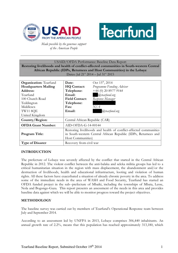 USAID/OFDA Performance Baseline Data Report: Restoring livelihoods and health of conflict-affected communities in South-western Central African Republic (IDPs, Returnees and Host Communities)