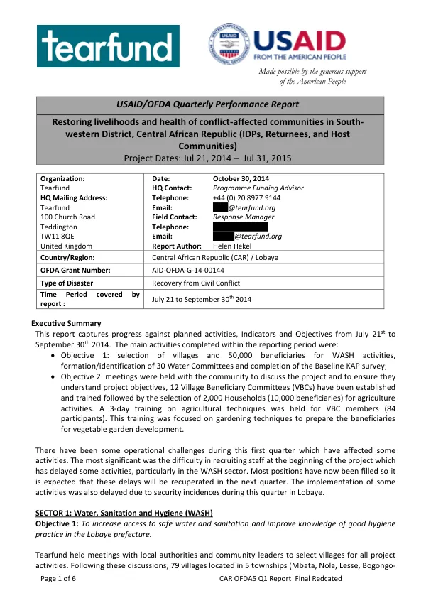 USAID/OFDA Quarterly Performance Report: Restoring livelihoods and health of conflict-affected communities in South-western District, Central African Republic (IDPs, Returnees, and Host Communities)