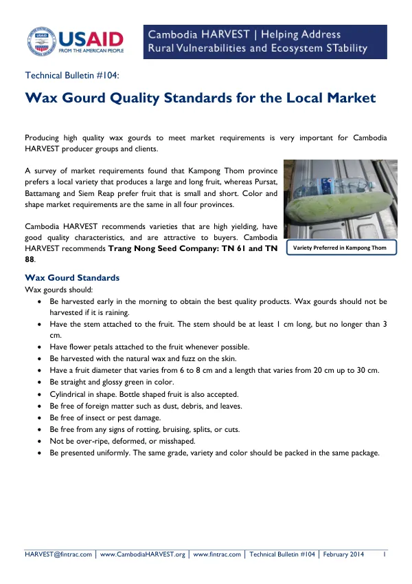 Wax Gourd Quality Standards for the Local Market