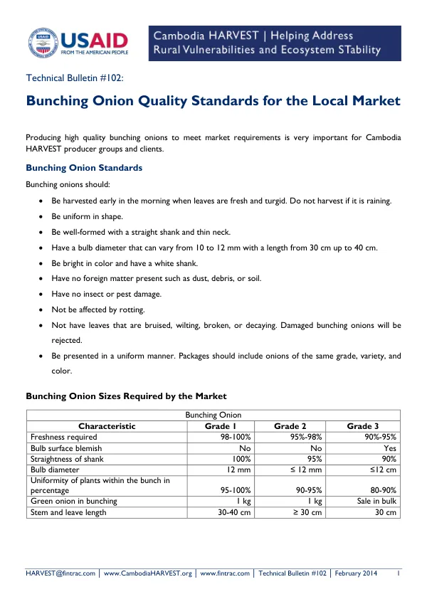 Bunching Onion Quality Standards for the Local Market