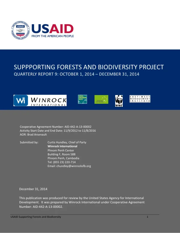 Supporting Forests and Biodiversity Project Quarterly Report 9: October 1, 2014 – December 31, 2014