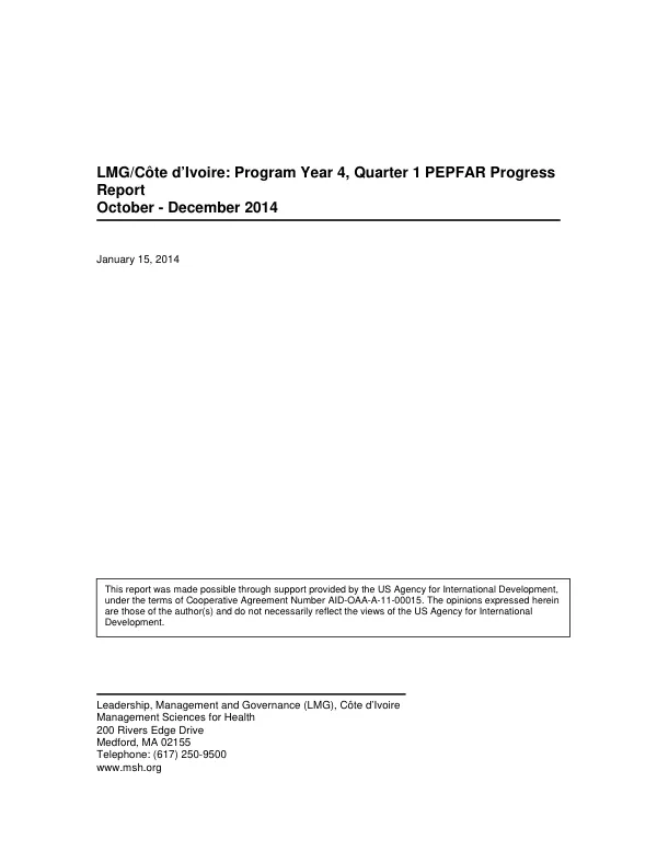 LMG/Côte d’Ivoire: Program Year 4, Quarter 1 PEPFAR Progress Report