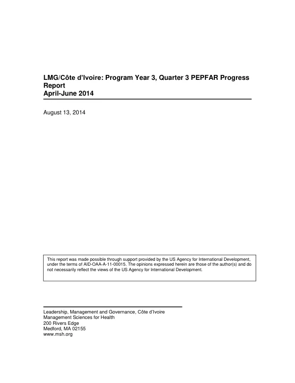 LMG/Côte d’Ivoire: Program Year 3, Quarter 3 PEPFAR Progress Report