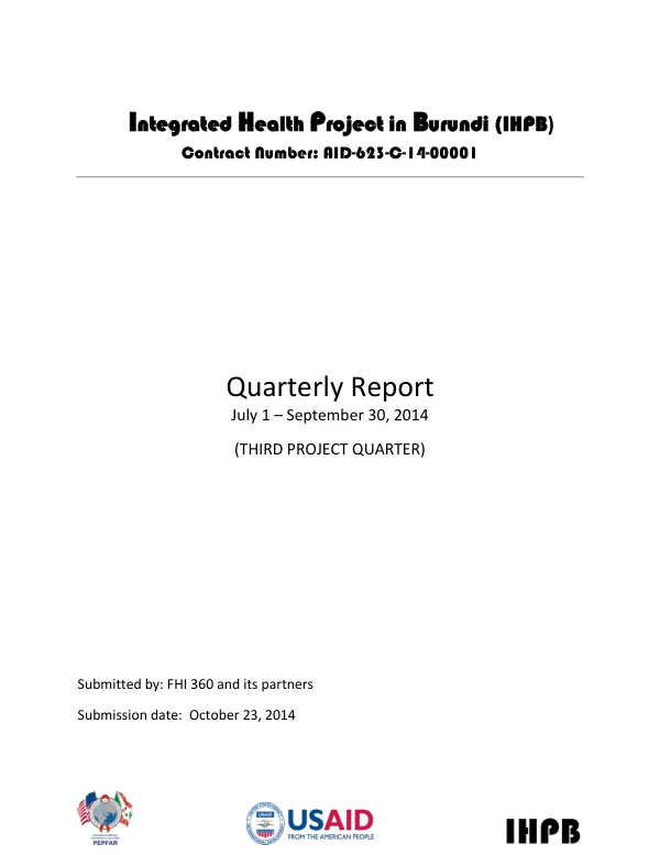 Quarterly Report: Integrated Health Project in Burundi (IHPB) - July 1 – September 30, 2014