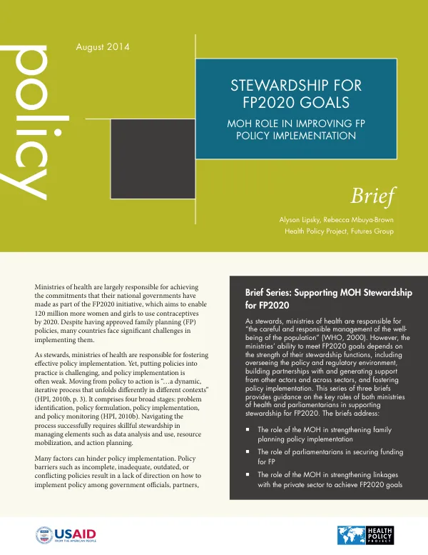 Health Policy Project Brief: Stewardship for FP2020 Goals