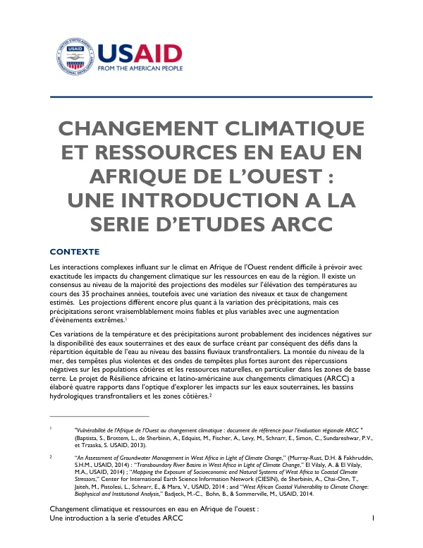 Changement climatique et ressources en eau en Afrique de l'Ouest : Une introduction a la serie d'etudes ARCC