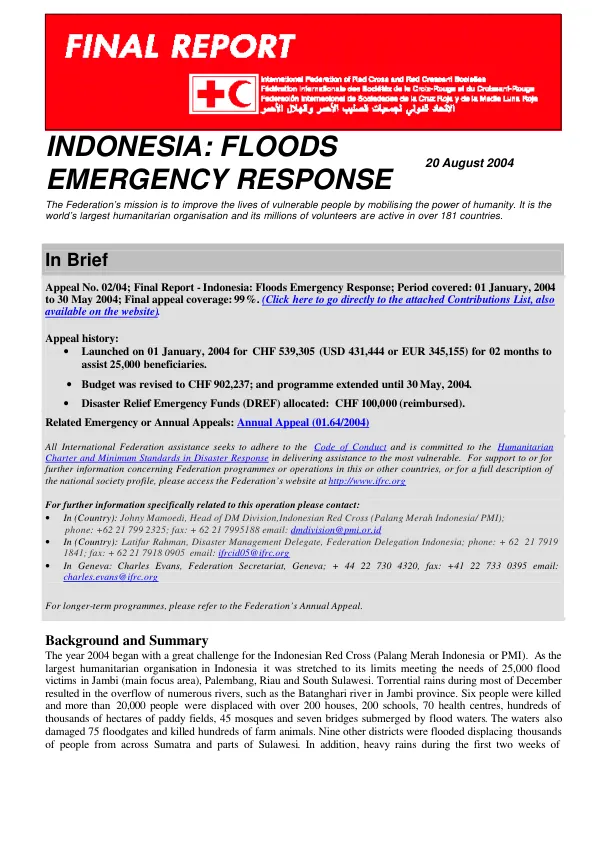 Final report : Indonesia -- floods emergency response