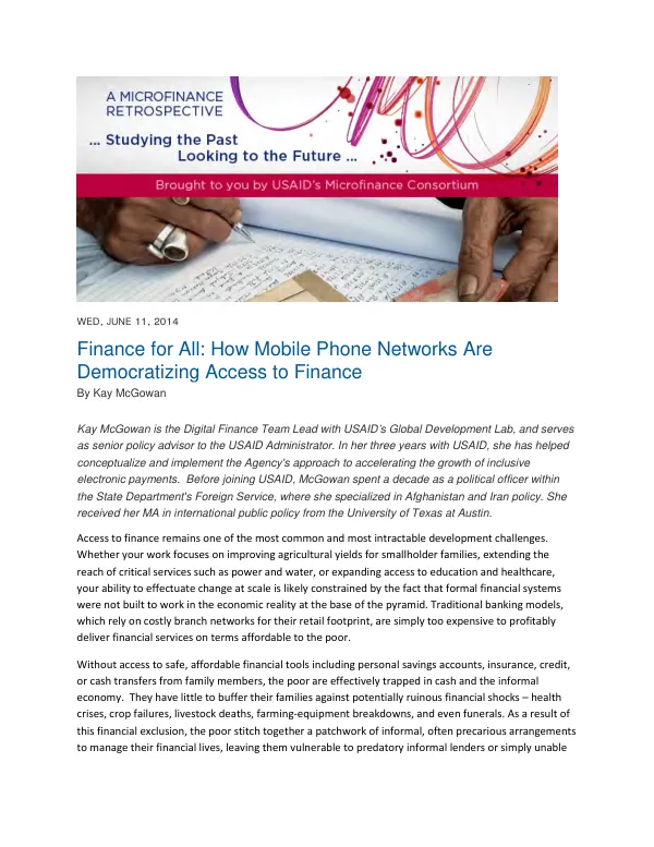 Finance for All: How Mobile Phone Networks Are Democratizing Access to Finance