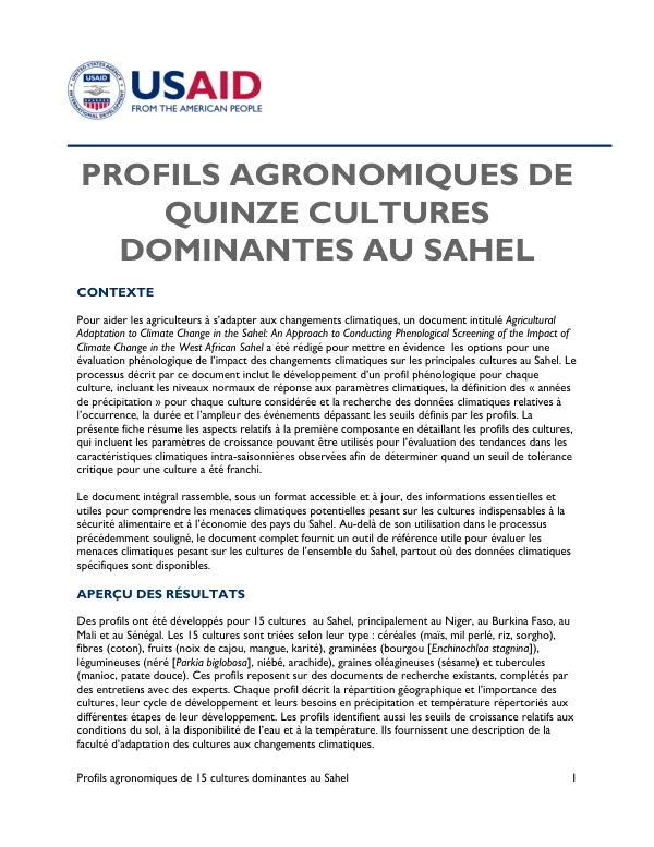 Profils agronomiques de 15 cultures dominantes au Sahel