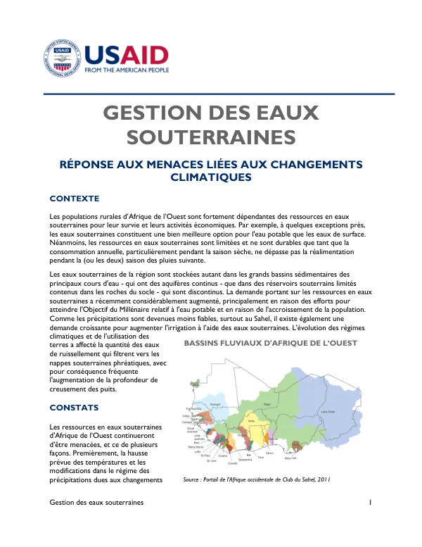 Gestion des eaux souterraines RÉPONSE AUX MENACES LIÉES AUX CHANGEMENTS CLIMATIQUES