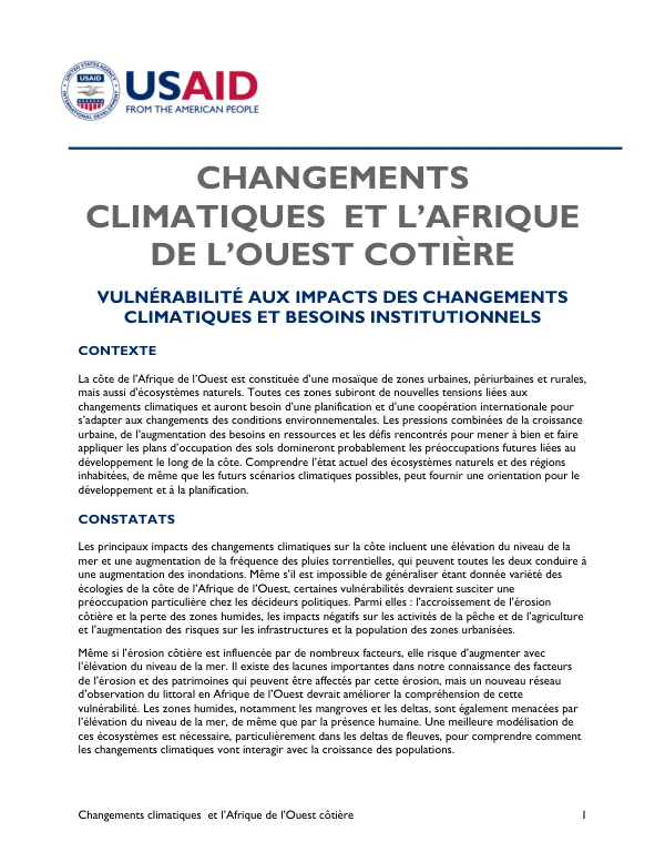 Changements climatiques et l'Afrique de l'Ouest côtière : vulnérabilité aux impacts des changements climatiques et besoins institutionnels