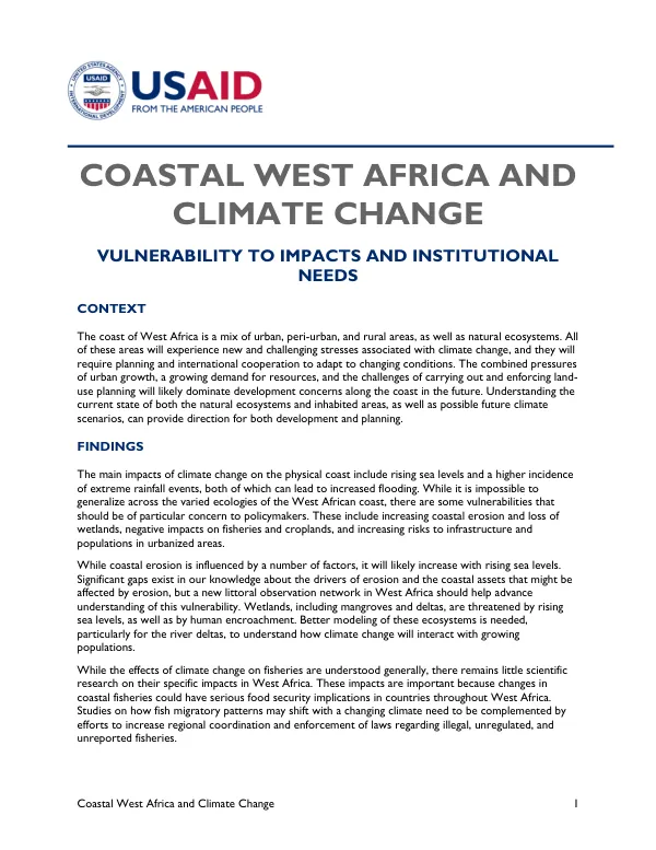 Coastal West Africa and Climate Change Vulnerability to Impacts and Institutional Needs