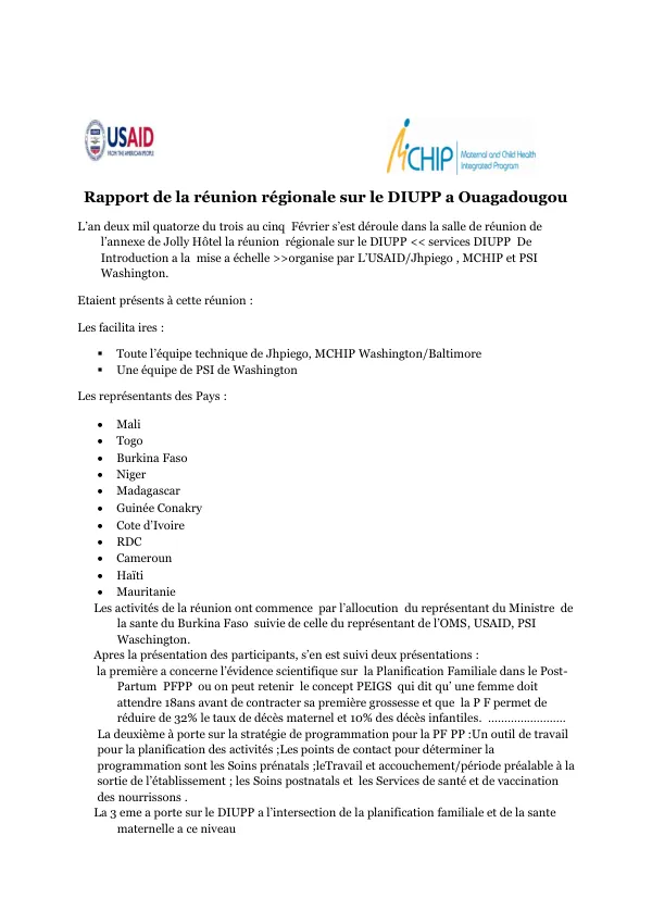 Rapport de la réunion régionale sur le DIUPP a Ouagadougou