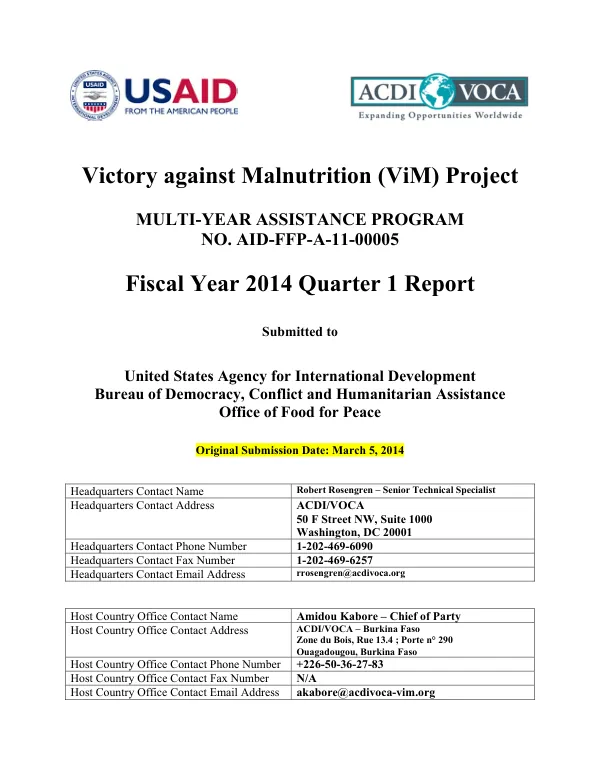 Fiscal Year 2014 Quarter 1 Report: Victory against Malnutrition (ViM) Project