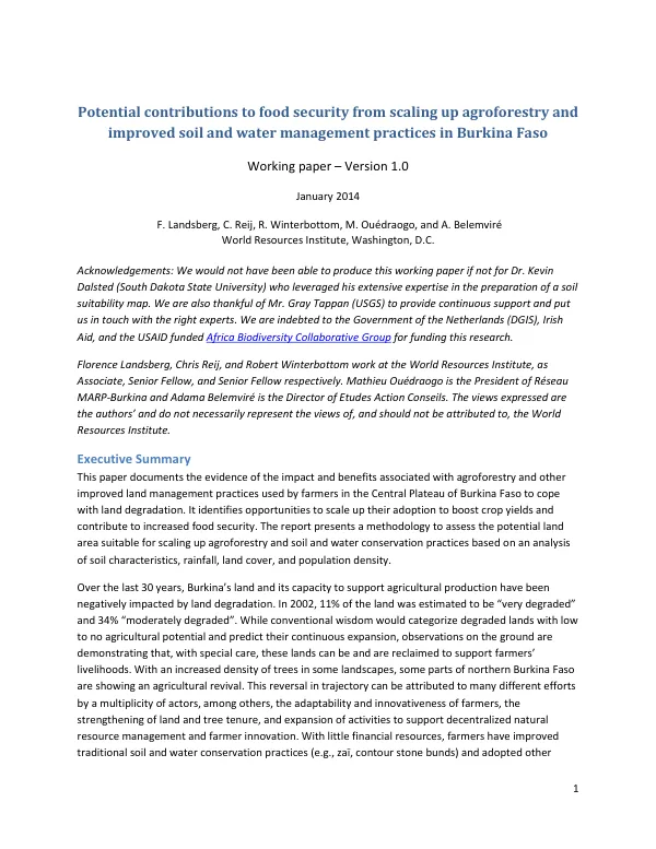 Potential contributions to food security from scaling up agroforestry and improved soil and water management practices in Burkina Faso