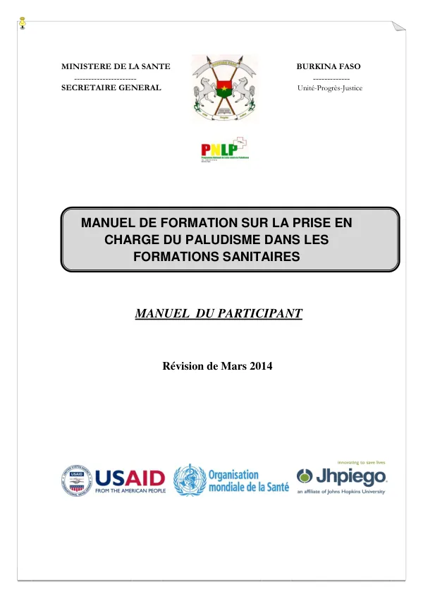 Manuel de formation sur la prise en charge du paludisme dans les formations sanitaires